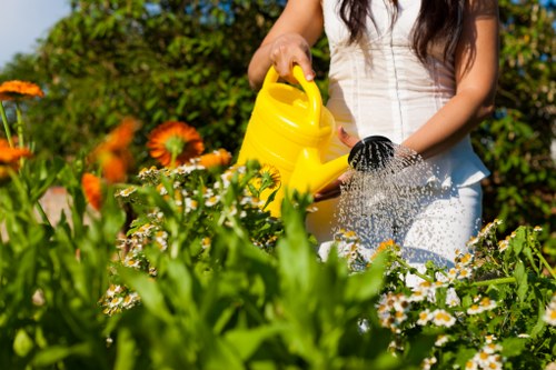 Professional landscapers working on a garden design